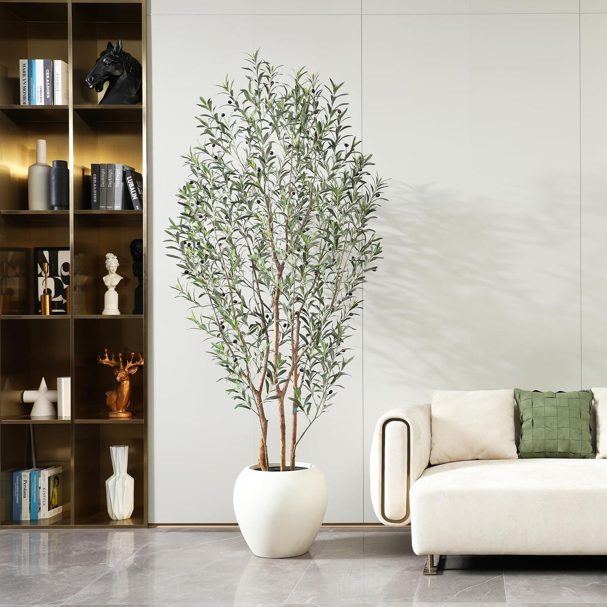 VeriNatural Artificial Olive Tree, 8FT Tall, Faux Olive Trees with Natural Wood Trunk & Lifelike Fruits, Indoor, White Tall Planter, Home Balcony Office Living Room Decor