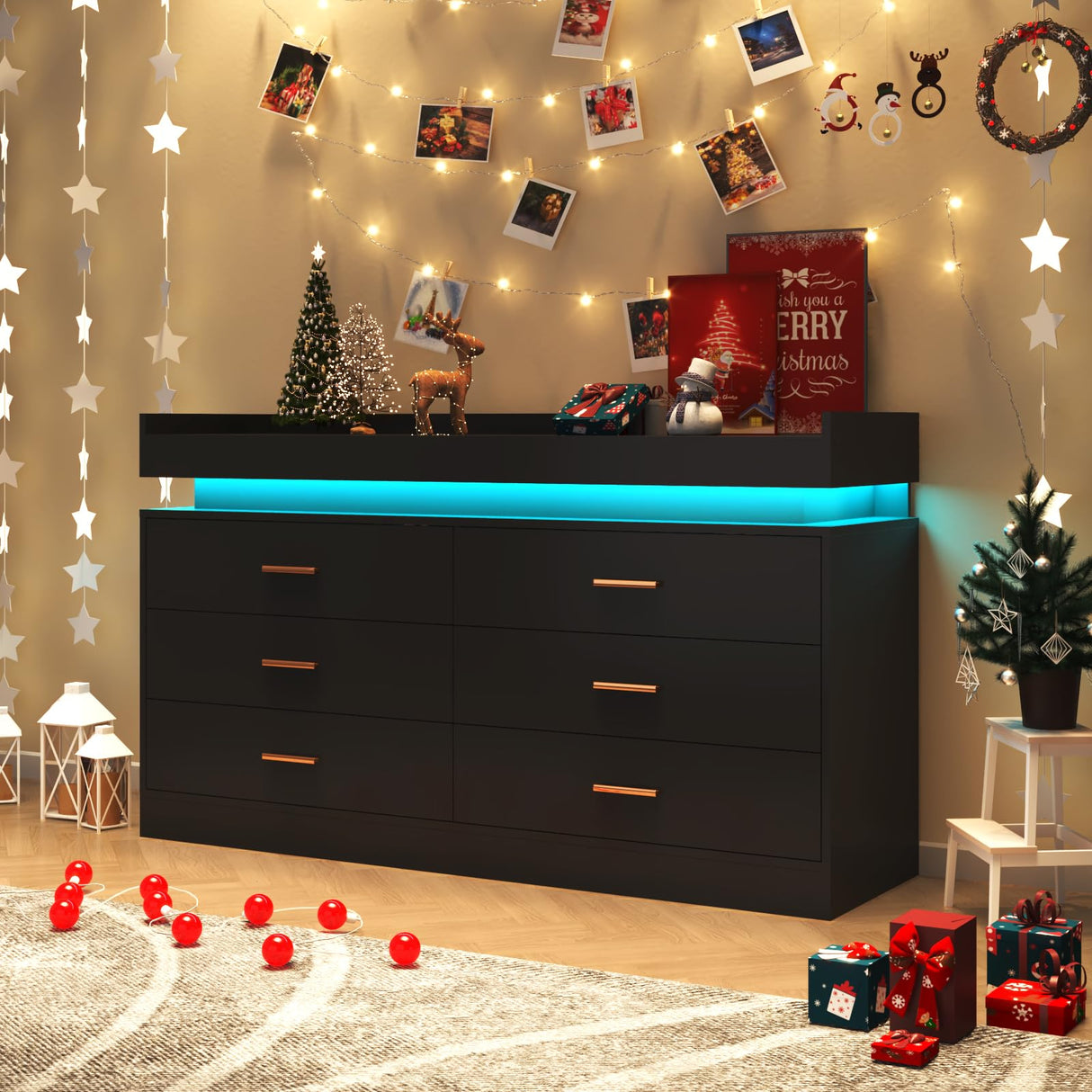 6 Drawer Dresser with LED Light, Modern Chest of Drawers