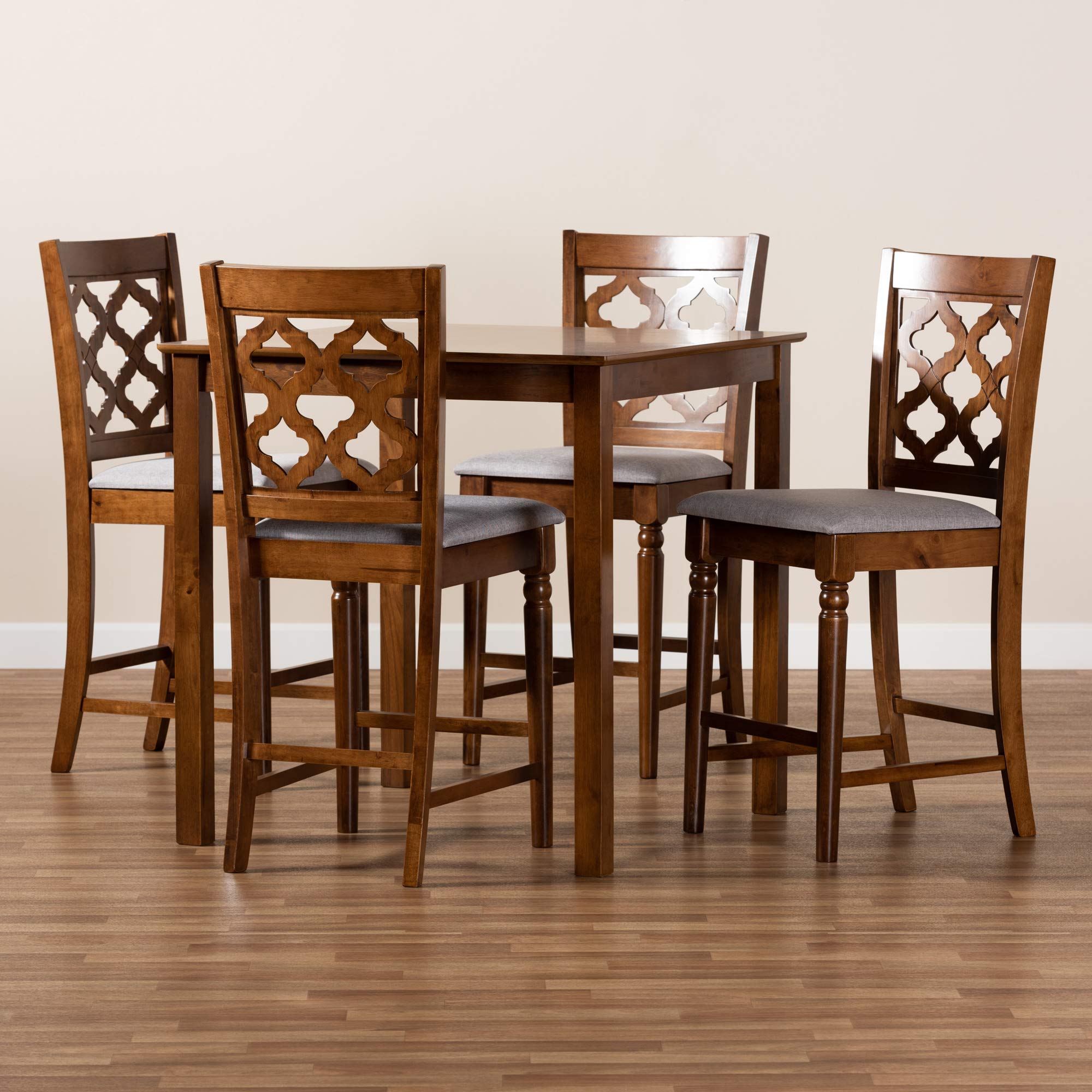 Pub Set and Pub Set Pub Set Grey Fabric Upholstered and Walnut Brown Finished Wood