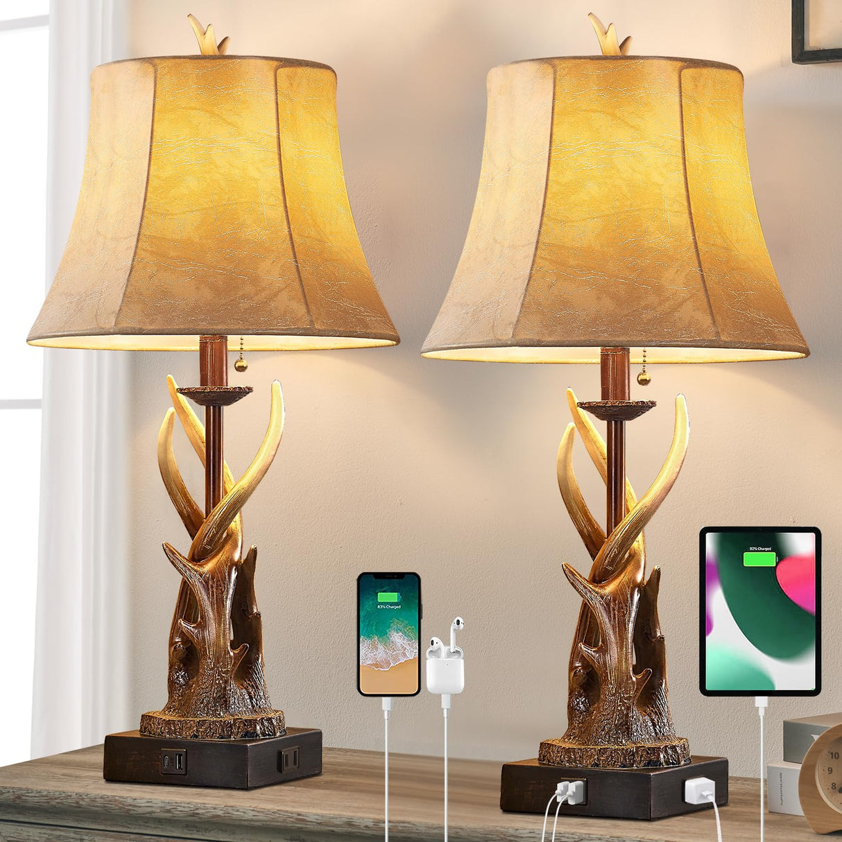 Antler Table Lamps Set of 2 with USB A+C Ports for Bedroom Farmhouse Deer Rustic