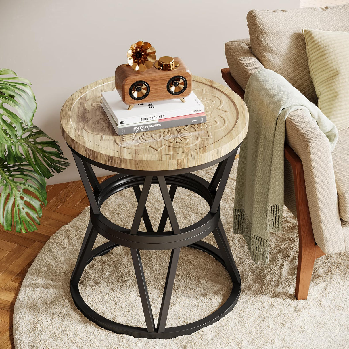 Side Table Set of 2, Round Carved End Table for Living Room