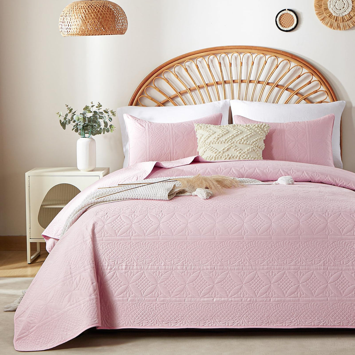 Pink Quilt Set Queen Size, Bohemian Queen Quilt Set for All Season