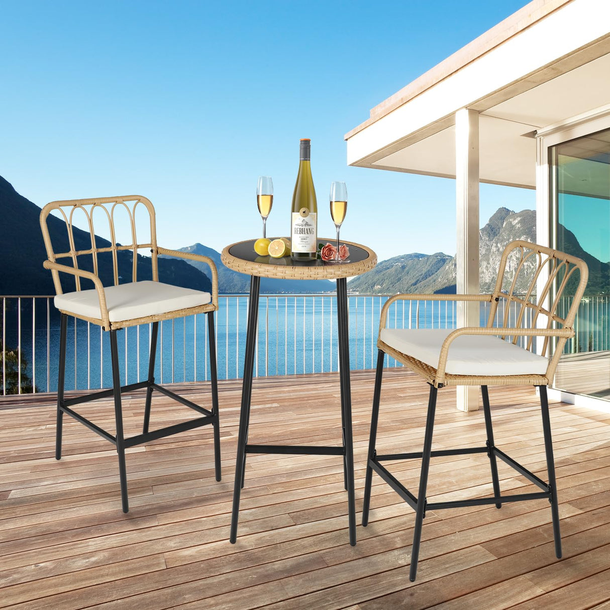 ENSTVER 3-Piece Patio Rattan Bar Set,Outdoor High Top Table and Chairs Set with Cushions&1 Tempered Glass Bar Table,Patio Bistro Dining Bar Set for Backyard, Garden, Balcony