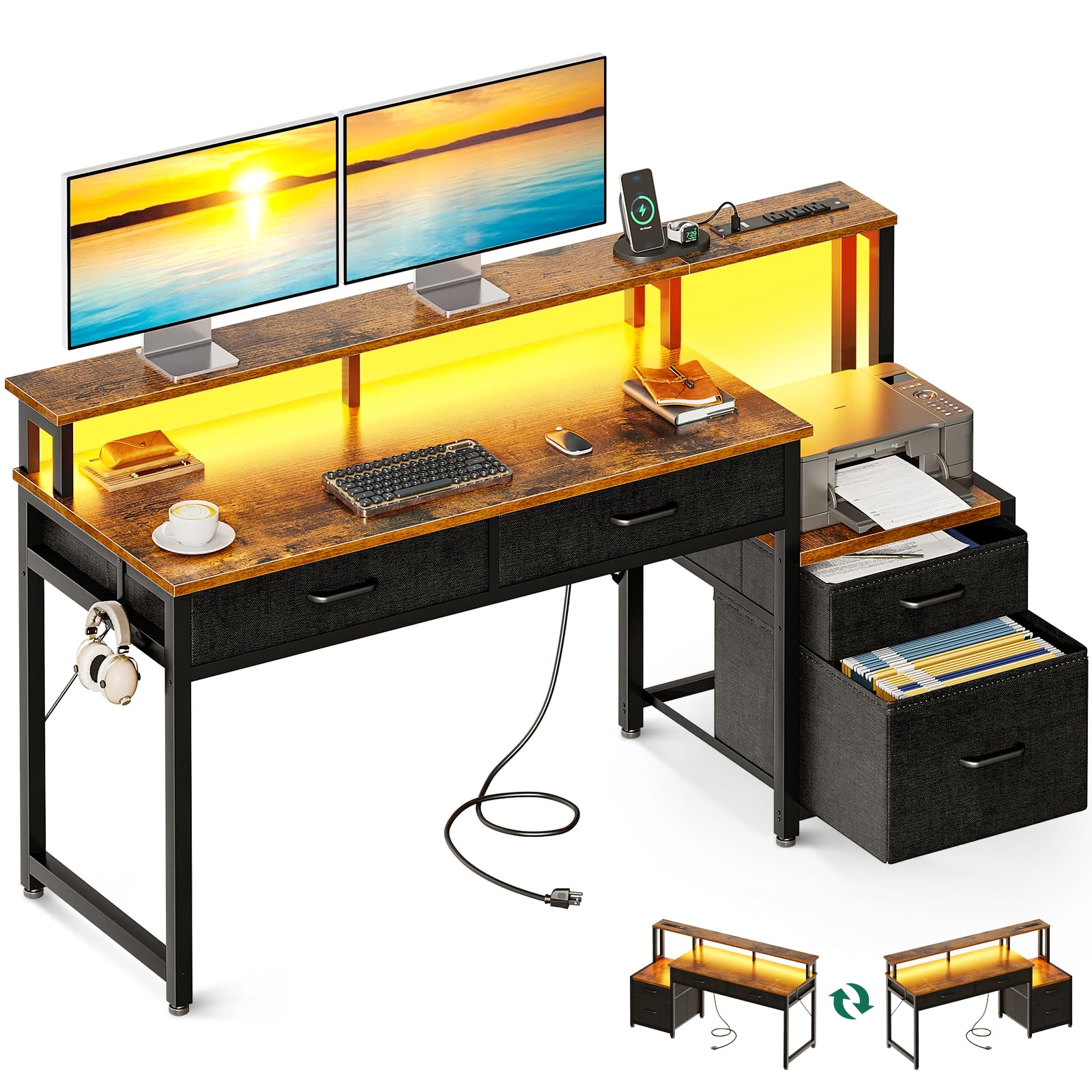 55-Inch Computer Desk with File Cabinet and Fabric Drawers, Reversible Office Desk