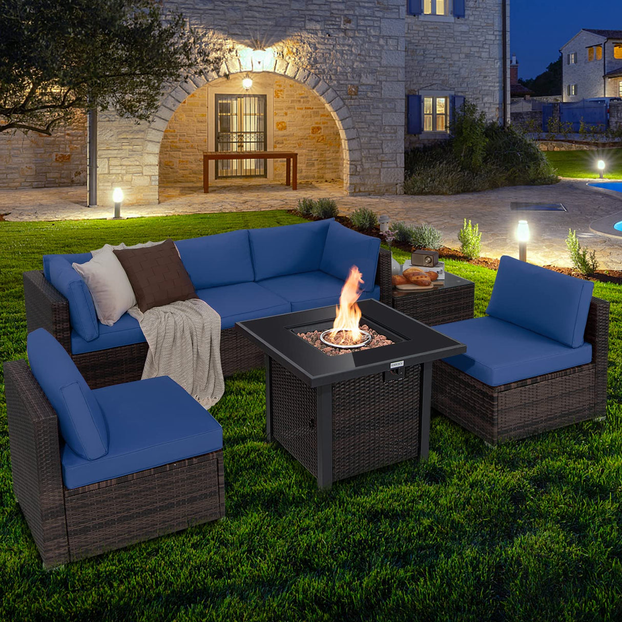 7 Pieces Patio Furniture Set with Fire Pit Table, 50