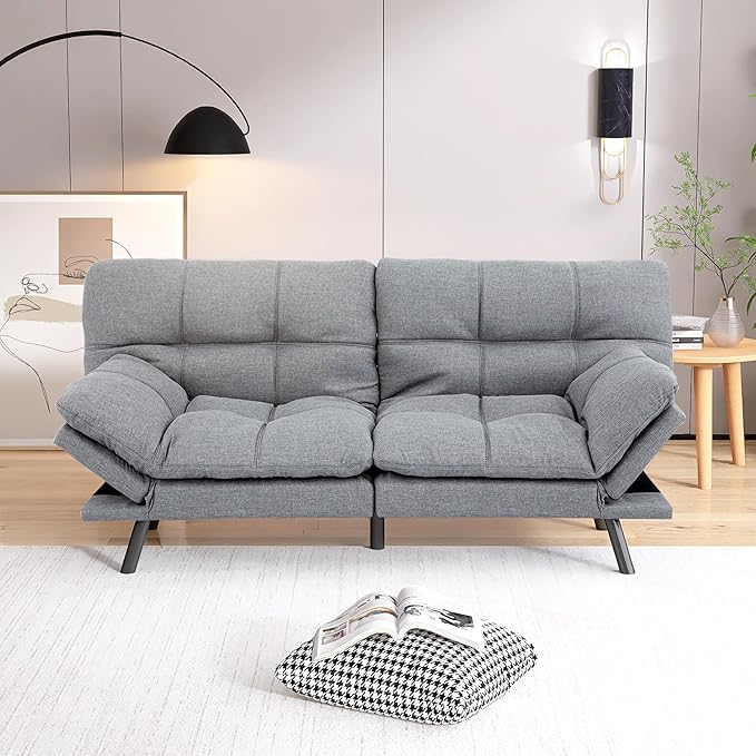 Futon Sofa Bed, Grey Linen Memory Foam Futon Sleeper Sofa