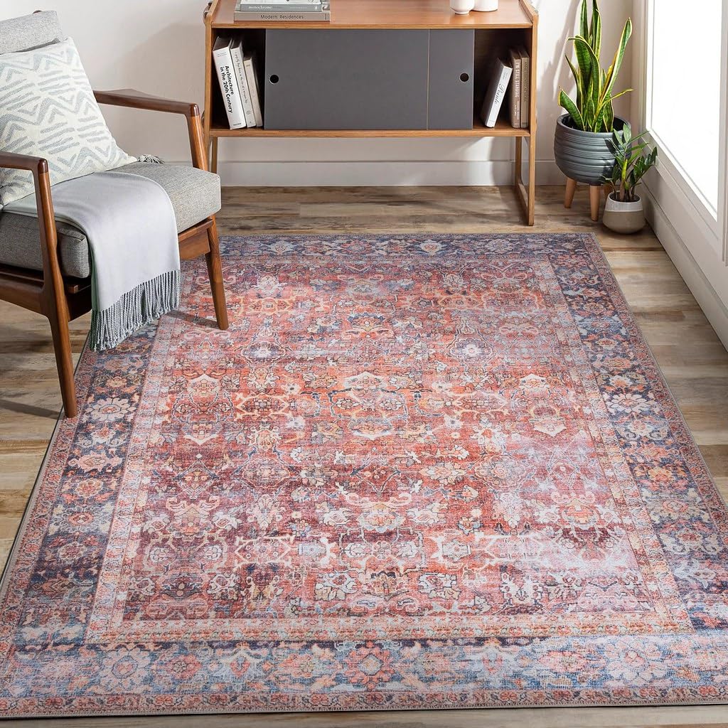 Adiva Rugs Machine Washable 9x12 Area Rug with Non Slip Backing for Living Room, Bedroom, Bathroom, Kitchen, Printed Vintage Home Decor, Floor Decoration Carpet Mat (Terra, 9' x 12')