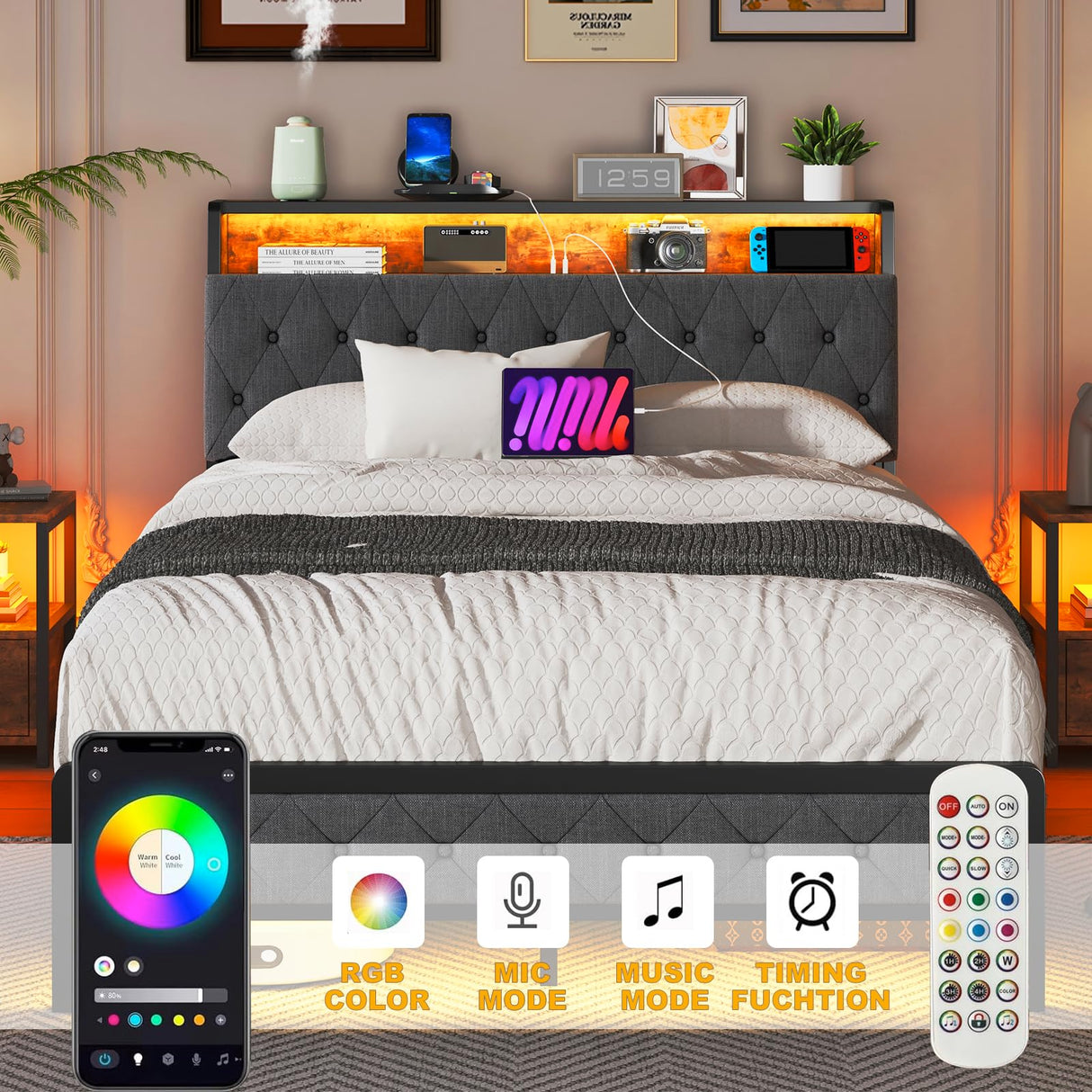 Full Size Bed Frame,Anerwarm Led Bed Frame Full Size with USB Charging Station,