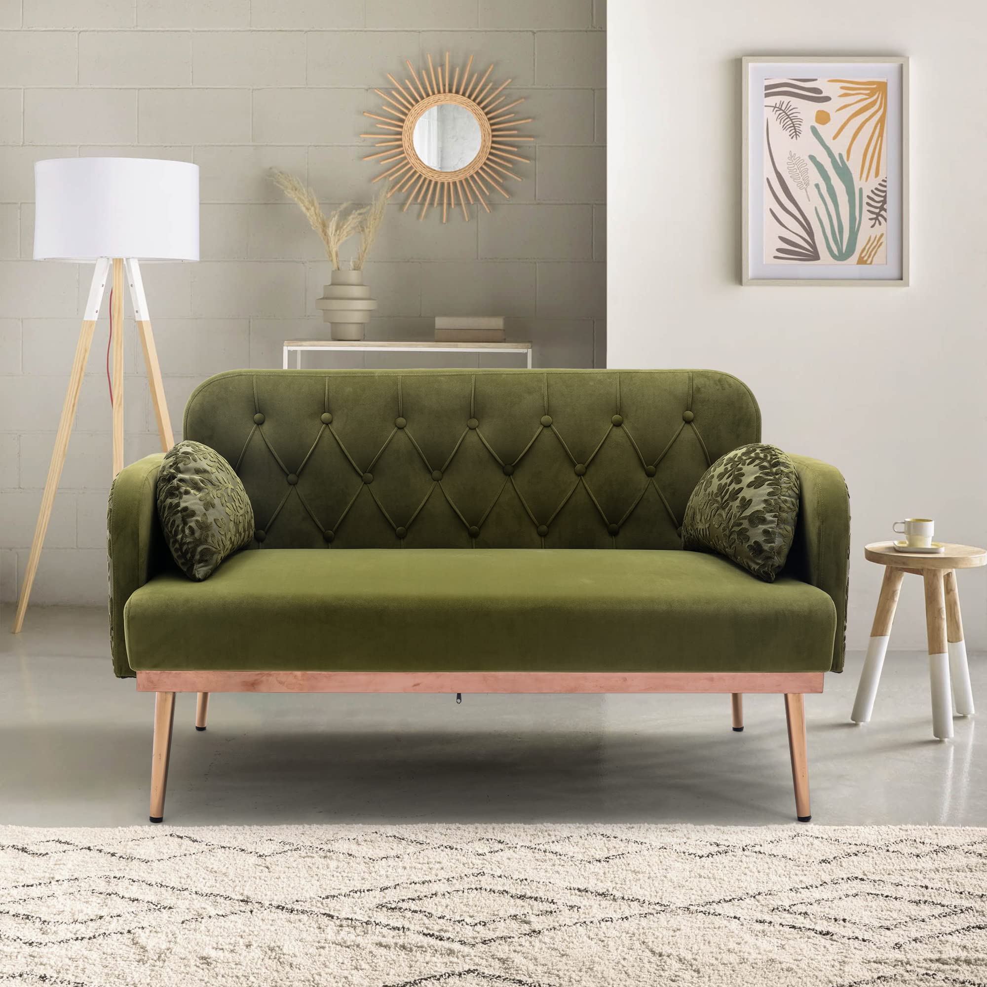 55" Small Velvet Couch with Elegant Moon Shape Pillows