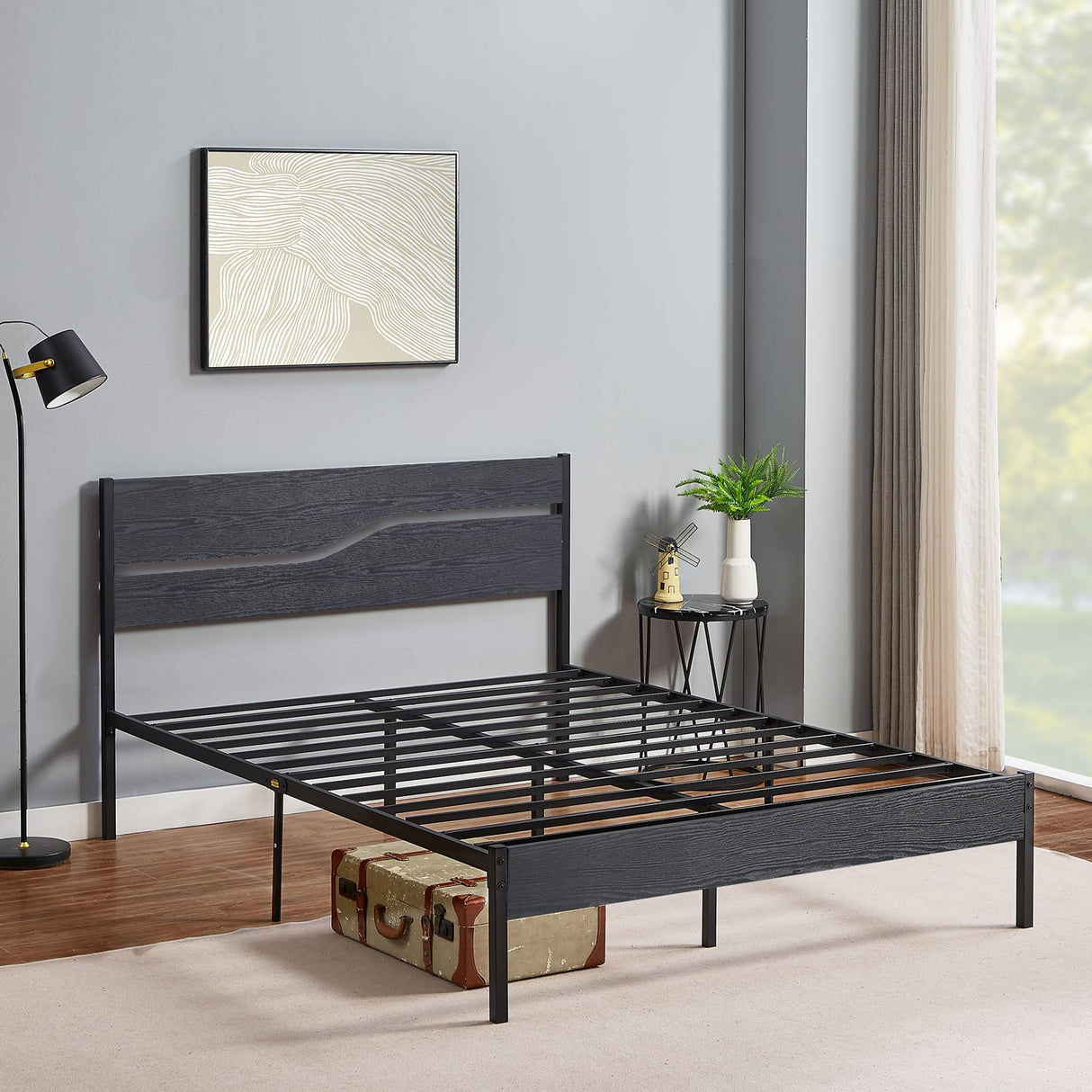 Full Size Platform Bed Frame with Wood Headboard, Strong Metal Slats Support Mattress