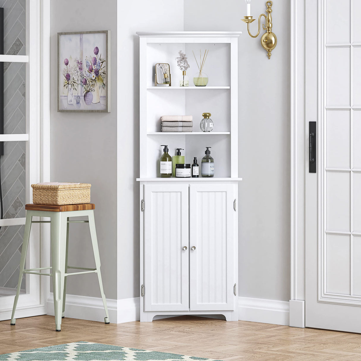 Tall Bathroom Corner Cabinet, Slim Floor Storage Bathroom Cabinet with Doors and Hutch
