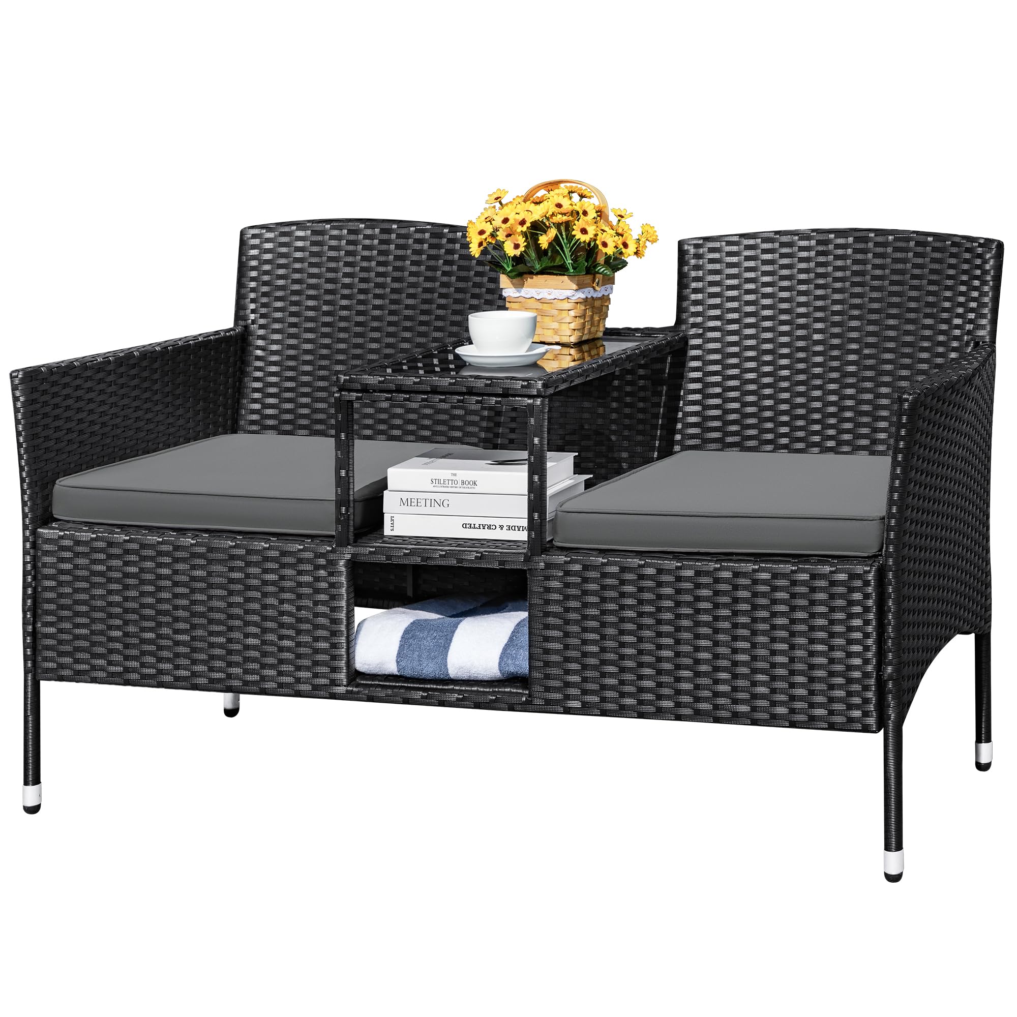 Devoko Outdoor Patio Loveseat Modern Rattan 2-Seat Patio Conversation Set with Cushions & Built-in Coffee Table Porch Furniture for Garden Lawn Backyard (Grey)