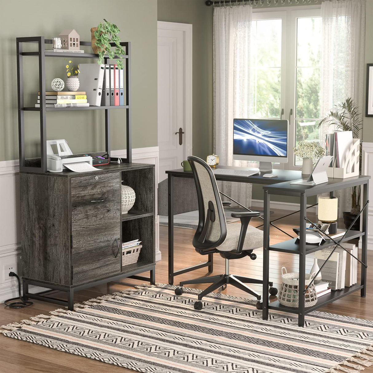 Filing Cabinet with Lock & Charging Station, Large Drawer Wood File Cabinet with Bookshelf, Printer