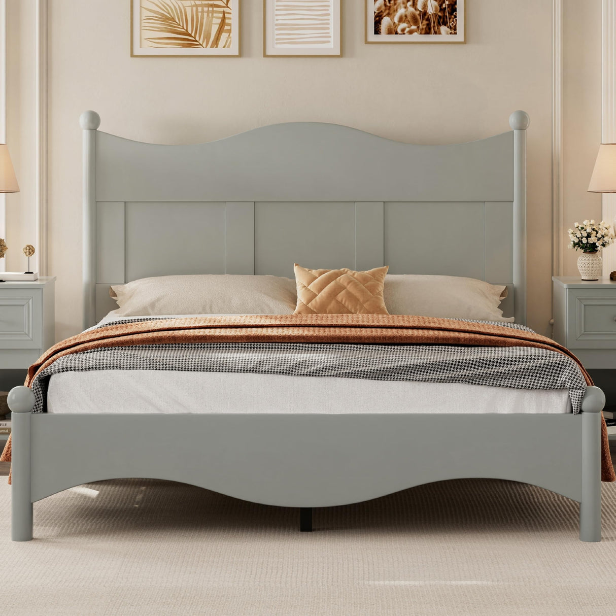Queen Size Wood Bed, Retro Platform Bed Frame with Victorian Headboard & Footboard