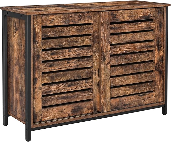 Lowell Storage Cabinet, Sideboard with Adjustable Shelves and Louvered Doors, Industrial,