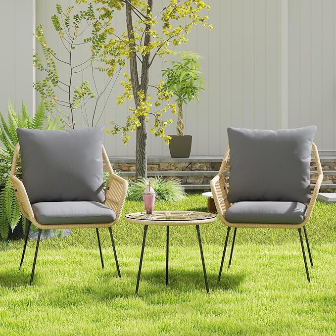 3 Pieces Outdoor Bistro Set, Bistro Set Outdoor with Glass Top Table