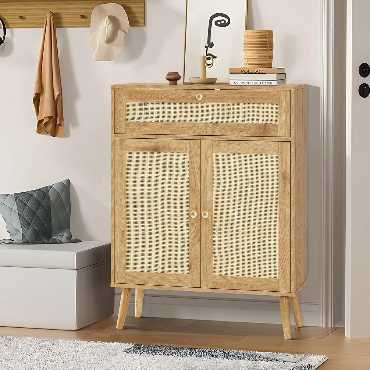 Iwell Storage Cabinet with Adjustable Shelf, Rattan Cabinet with Large Drawer, Sideboard Bufffet Cabient with Storage, Bathroom Storage Cabinet, Accent Cabinet for Entryway, Natural