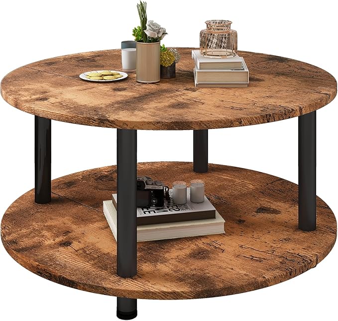 23.6" Round Coffee Table, 2-Tier Small Circle Coffee Table with Storage
