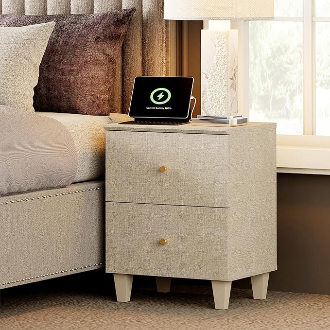 Nightstands with Charging Station&2 Drawers Storage Shelf