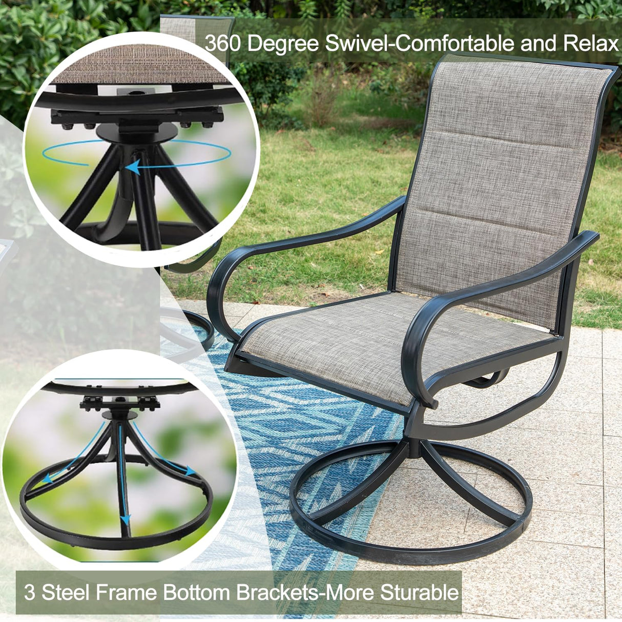 ,4 Sling Dining Swivel Chairs and 48" Round Metal Wood