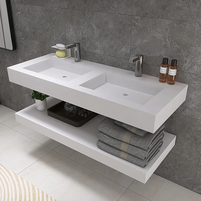 47"x19" Wall Mount Bathroom Vanity ,Bathroom Vanities with Sink Black Stone Resin