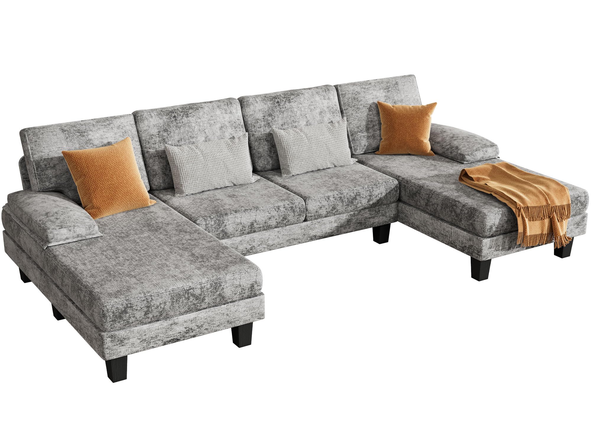 Couch Living Room Sets Chenille Fabric U-Shaped Sofa with Double Chaises, Dark Gray