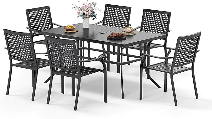 Round Patio Table and Chairs Set, Outdoor Dining Set for 6, 7 Piece Metal Patio Furniture