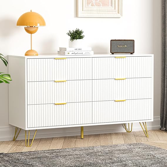 White Dresser, Modern 6-Drawer Dresser for Bedroom