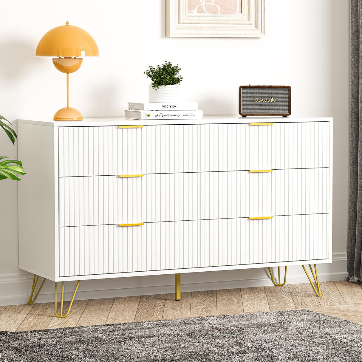 White Dresser, Modern 6-Drawer Dresser for Bedroom