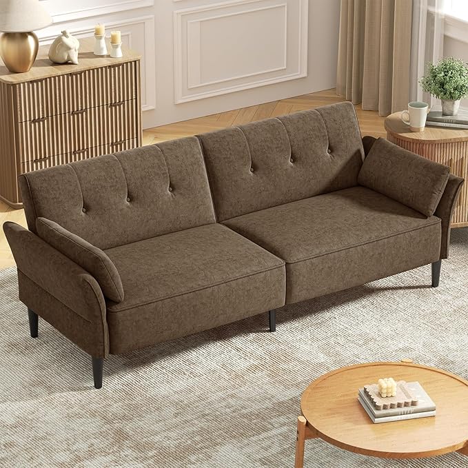 89” Futon Sofa Bed, Comfy Futon Couch Bed with 2 Square Pillows, Convertible Sleeper