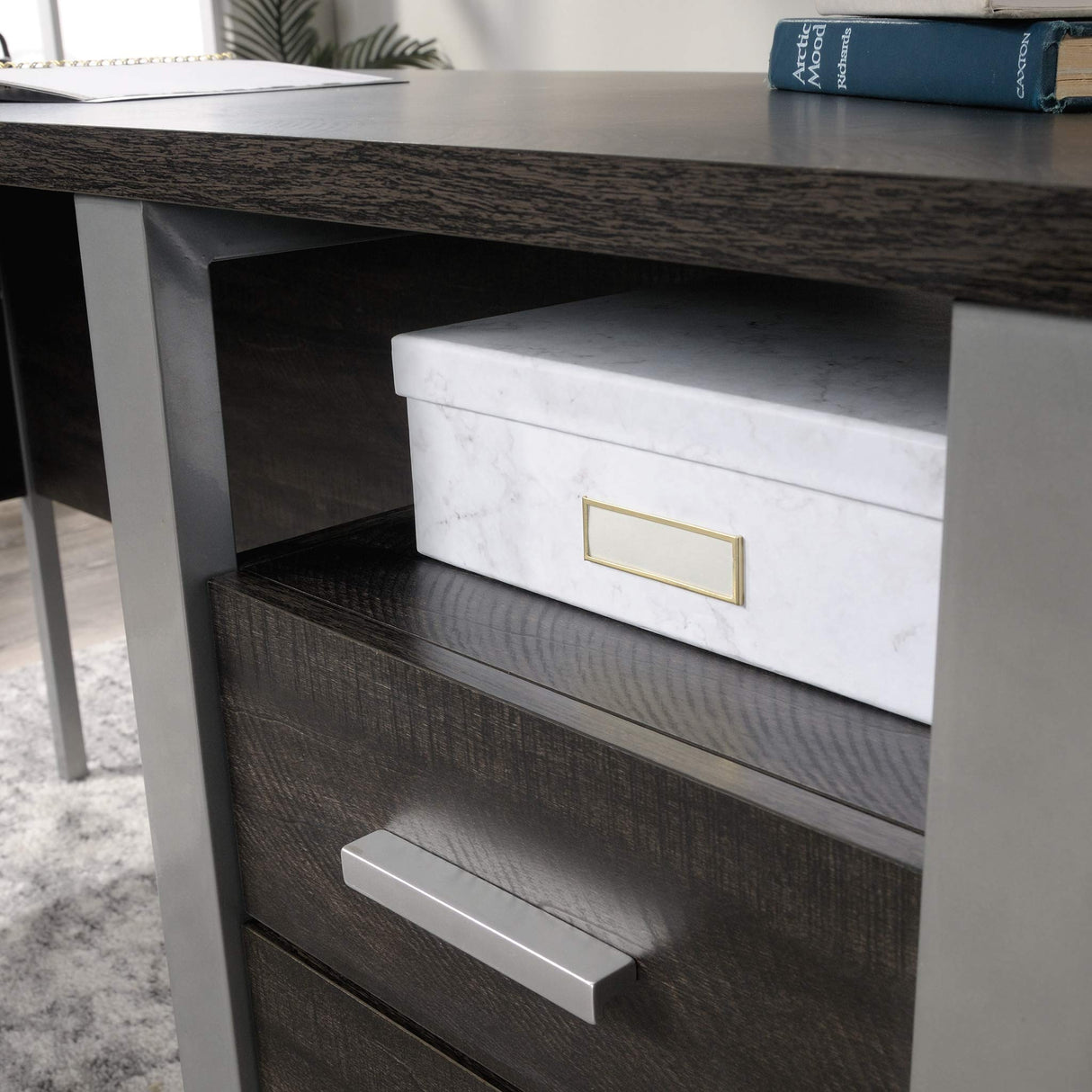 L-Desk, L: 59.84" x W: 57.32" x H: 29.65", Blade Walnut Finish