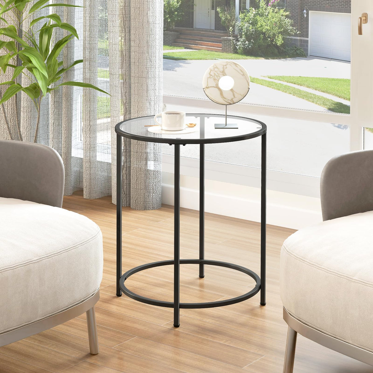 19.7’’ Round Glass End Table, Round Bedside Table with Tempered Glass Top
