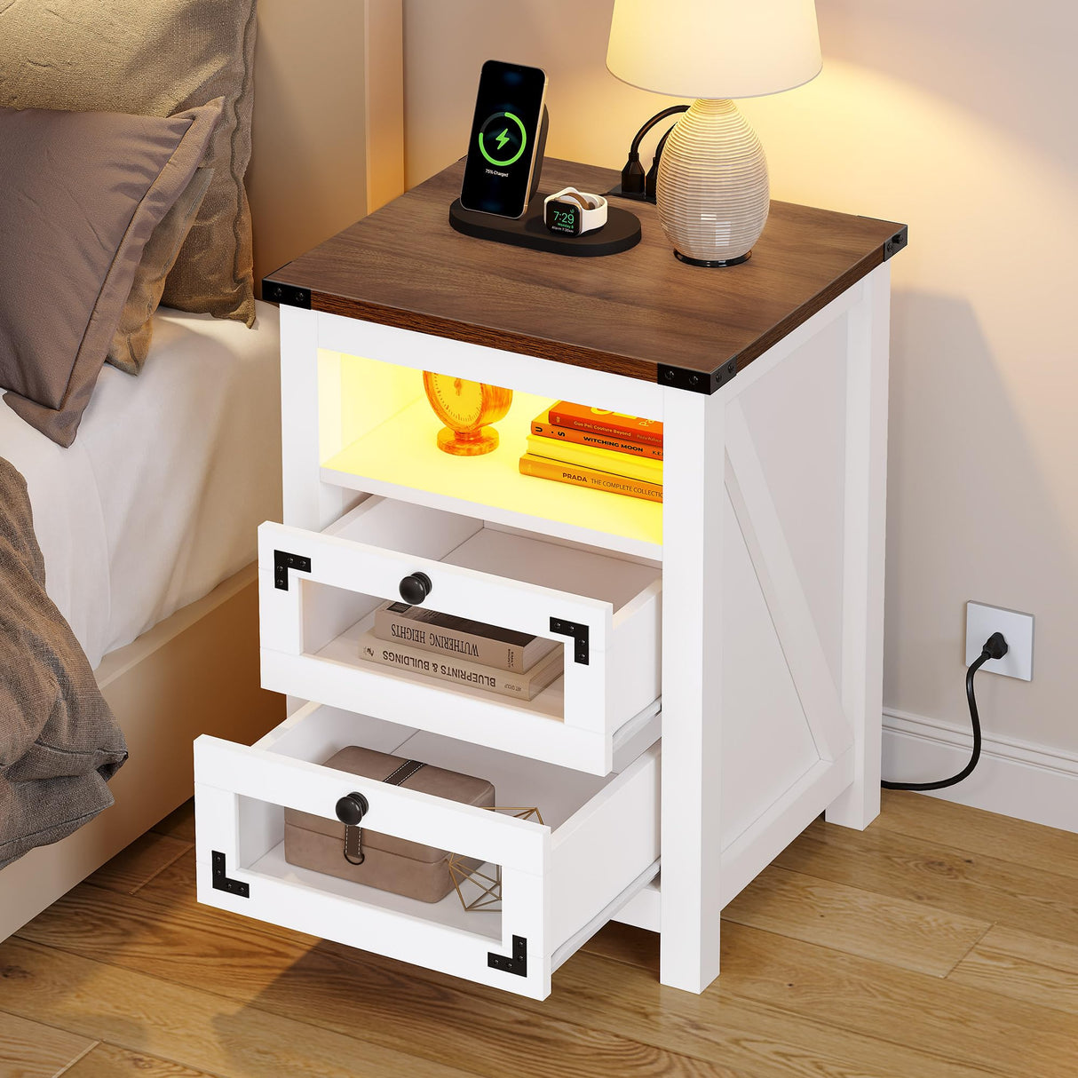 Farmhouse Nightstand with Charging Station, 2 Drawers Night Stand with LED Lights
