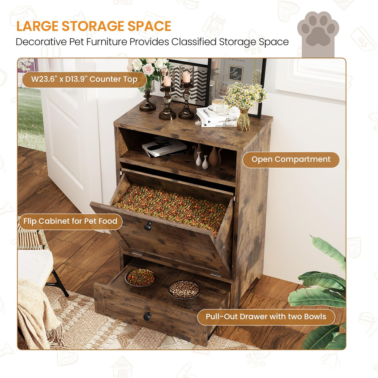 Dog Feeding Station with Storage & 2 Raised Bowls