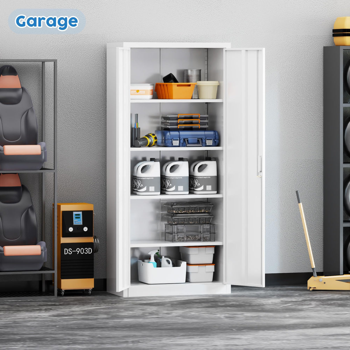 SPKAPO Metal Storage Cabinet with 2 Doors,72" Steel Garage Cabinets with 4 Adjustable Shelves for Home Office Garage School,Assembly Required,White