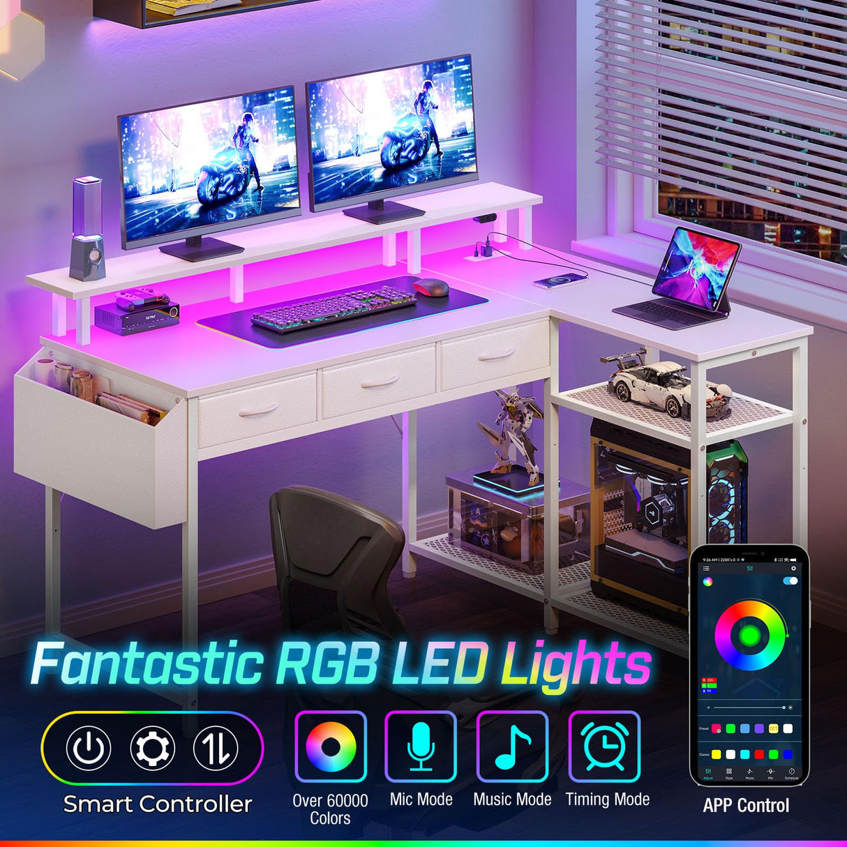 L Shaped Desk with Storage Drawers, 47 inch Gaming Desk with Shelves