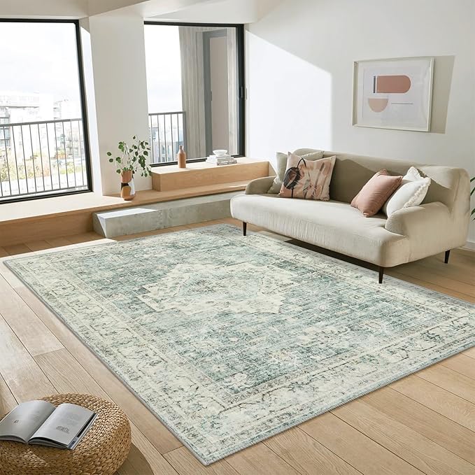 Machine Washable Rug 5x7 Sage Green Rugs for Living Room, Non Slip Vinatge Rug Boho