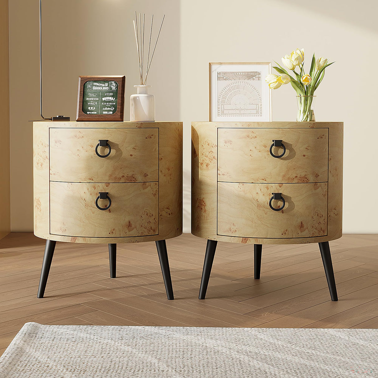 Round Side Table with Drawers Modern Night Stand with Storage Wooden Accent End Table