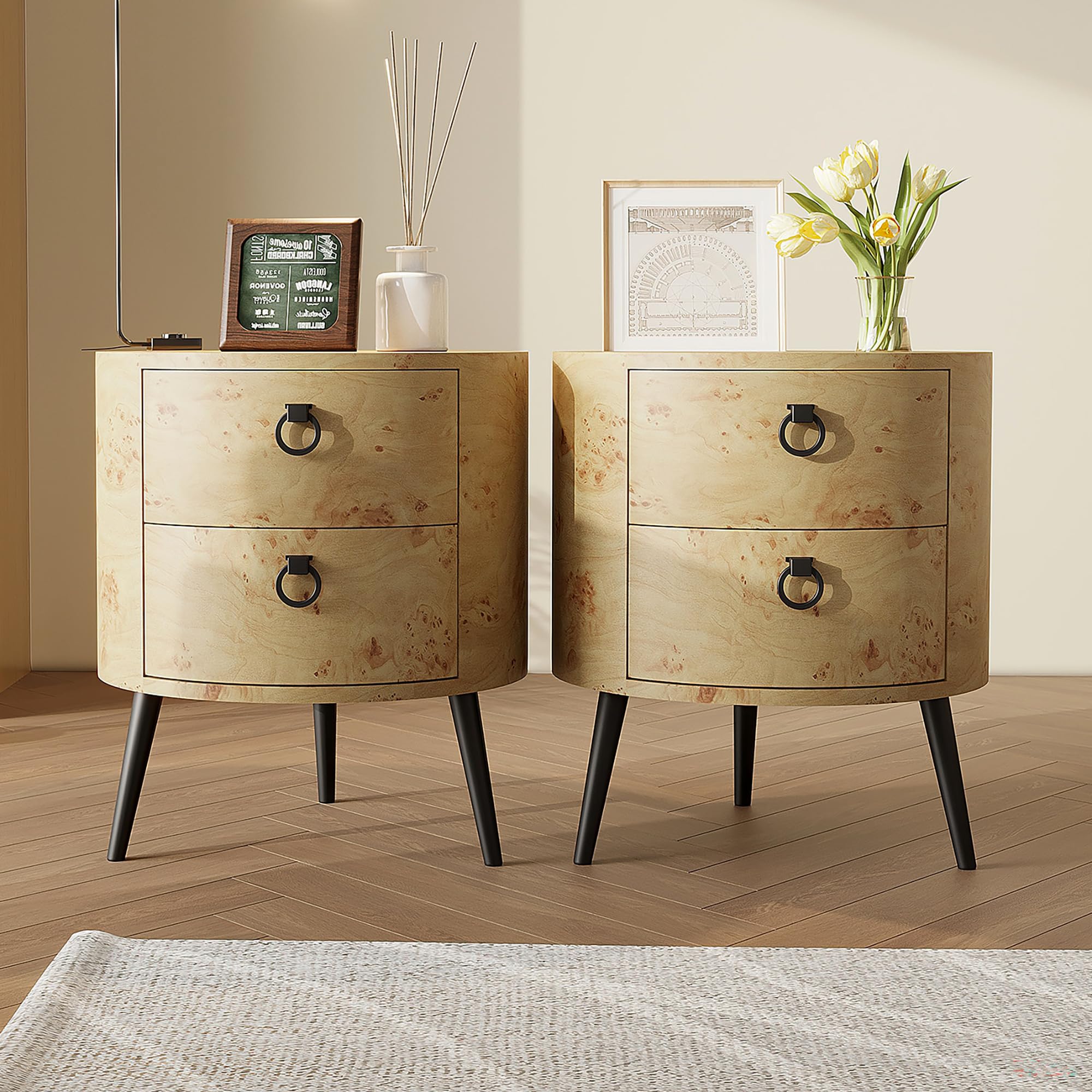Round Side Table with Drawers Modern Night Stand with Storage Wooden Accent End Table