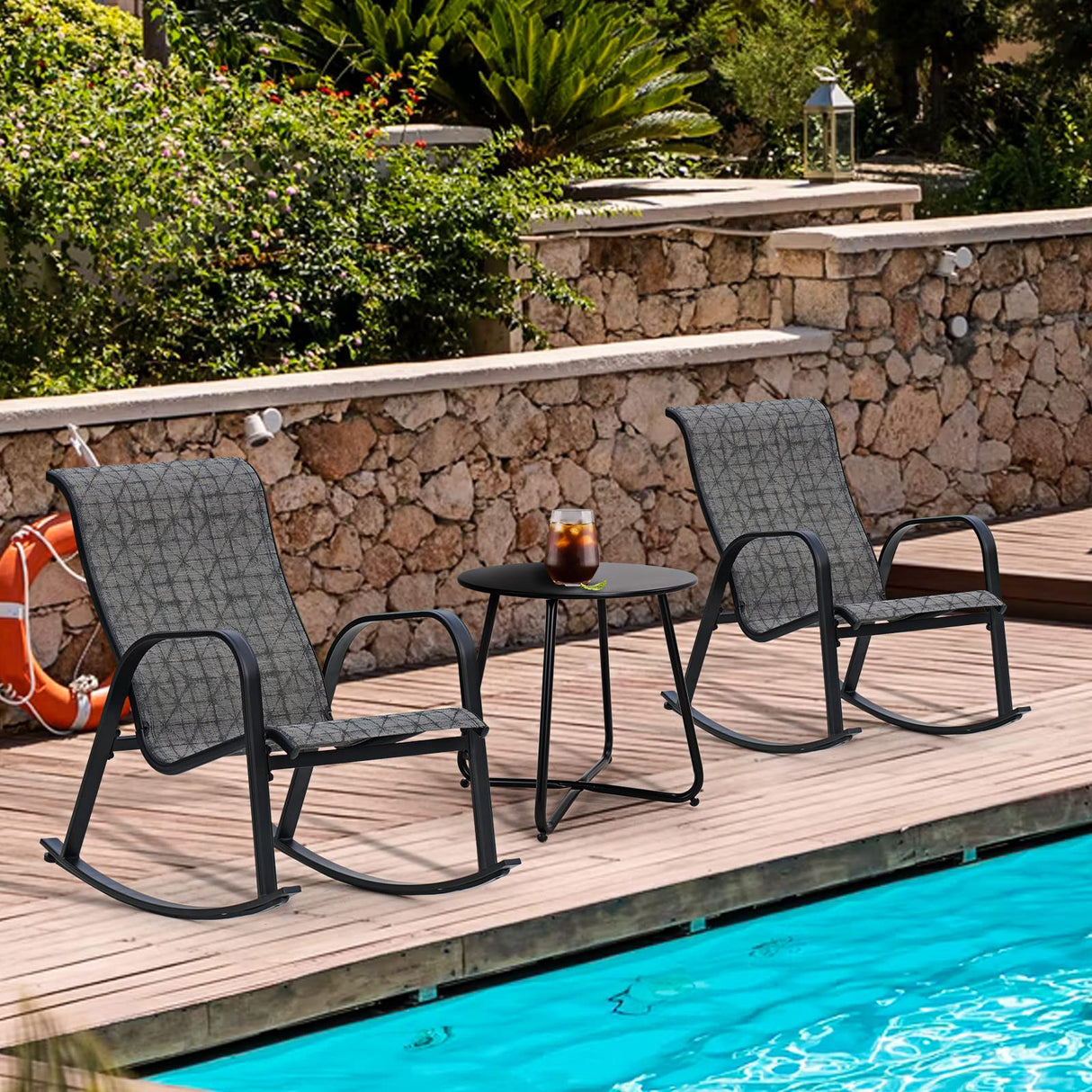 3-Piece Outdoor Bistro Rocking Chair Set Rocker Seating Outside for Front Porch Garden