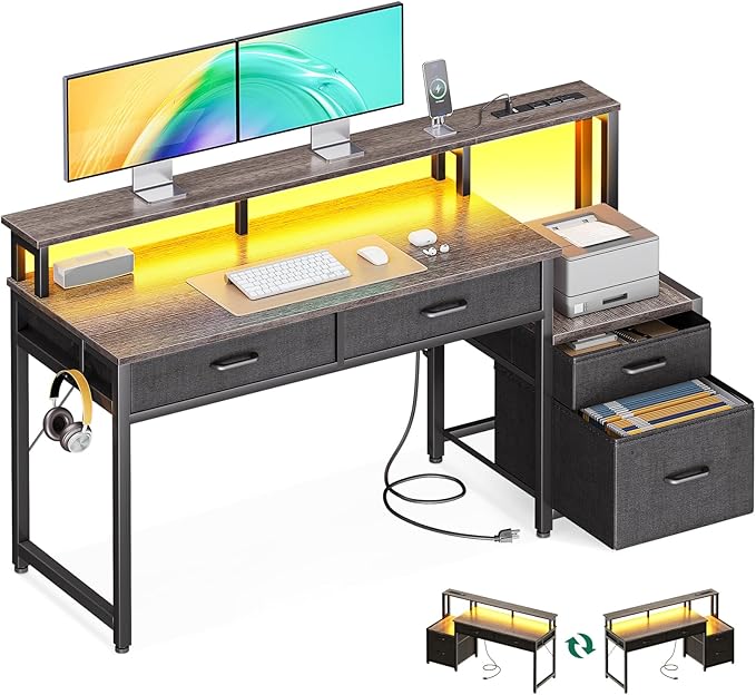 48-Inch Computer Desk with Fabric File Cabinet and Fabric Drawers, Reversible Office Desk