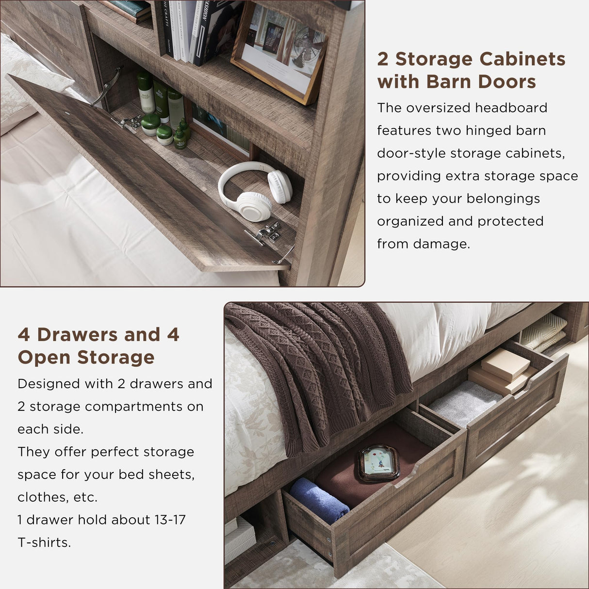 Queen Size Wood Bed Frame Farmhouse with 52" Tall Storage Bookcase Headboard