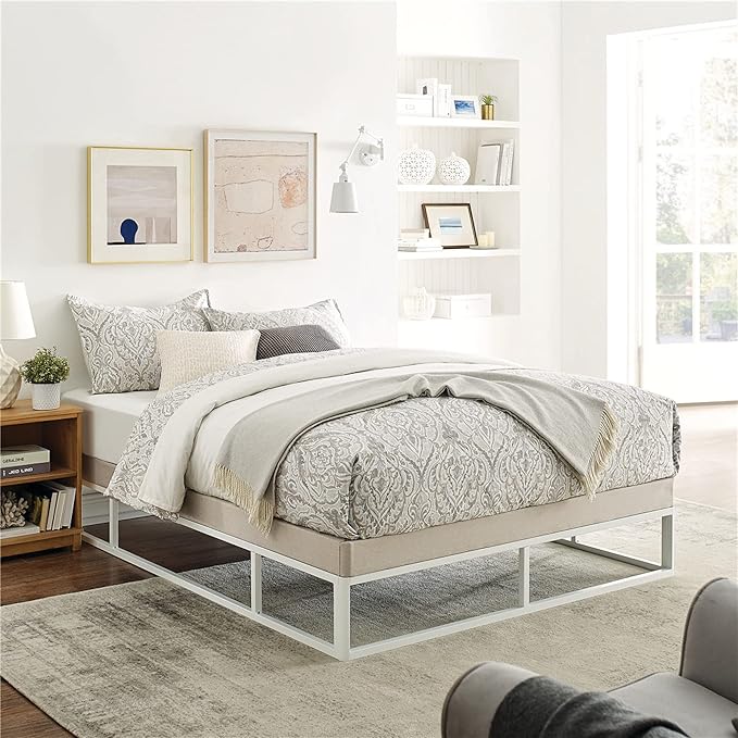 Capri Black Metal Platform Bed Frame with Built-in Grey Upholstered Mattress