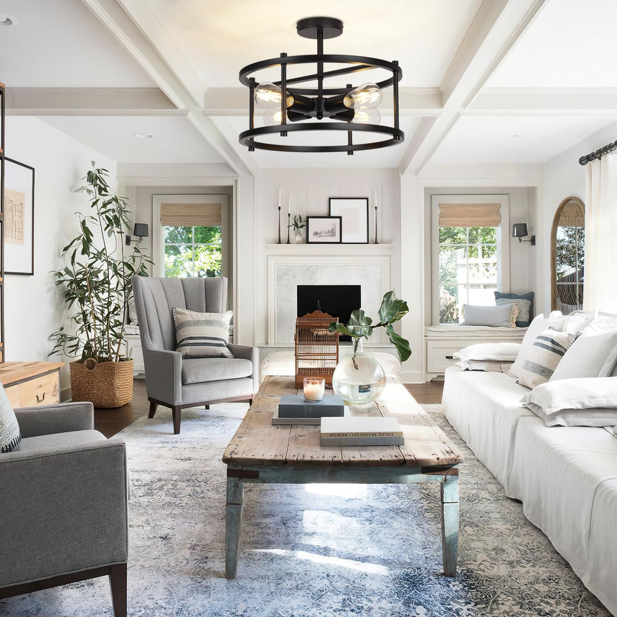 16" Semi Flush Mount 4-Light Industrial Ceiling Light, Black Chandelier