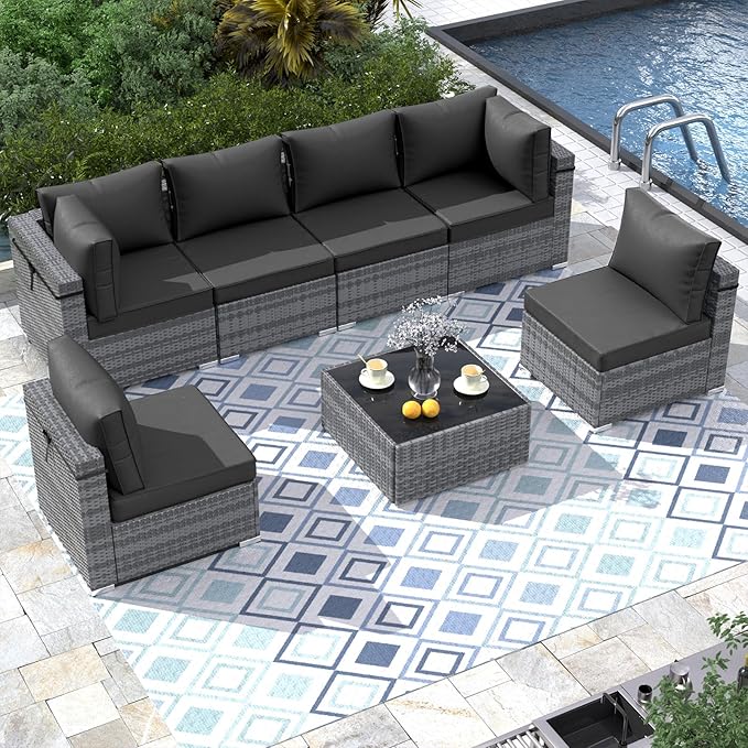 8 Piece Patio Furniture Set with 43" Fire Pit Table, Outdoor Sectional Sofa Set Heavy Duty