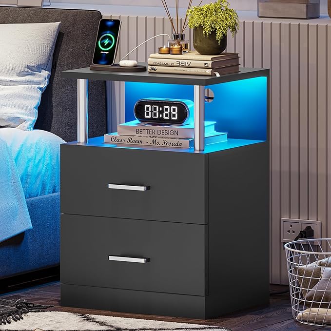 Night Stand with Charging Station and USB Ports, White Night Stand with 2 Drawers