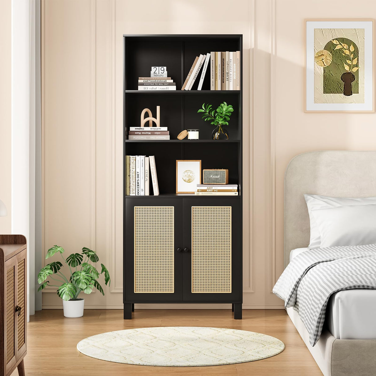 Tall Bookcase with Rattan Doors,5 Tier Storage Wood Shelves Large Bookshelf for Library Living Room Bedroom Home Office,Black