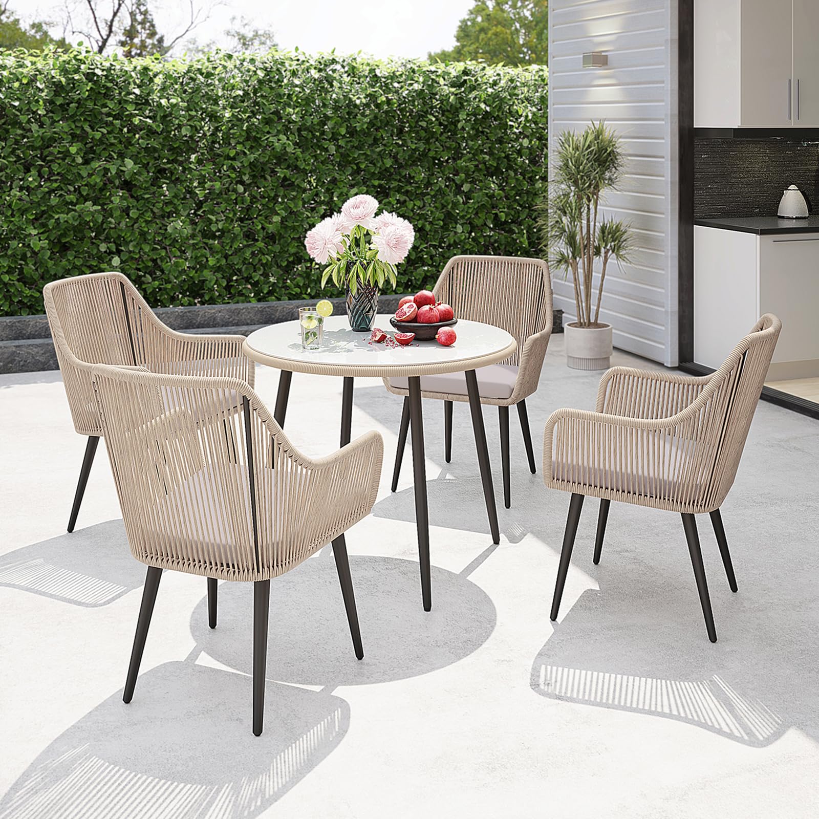 Outdoor Dining Chairs, Patio Dining Chair Set of 2, All-Weather Woven Rope Rattan Chairs