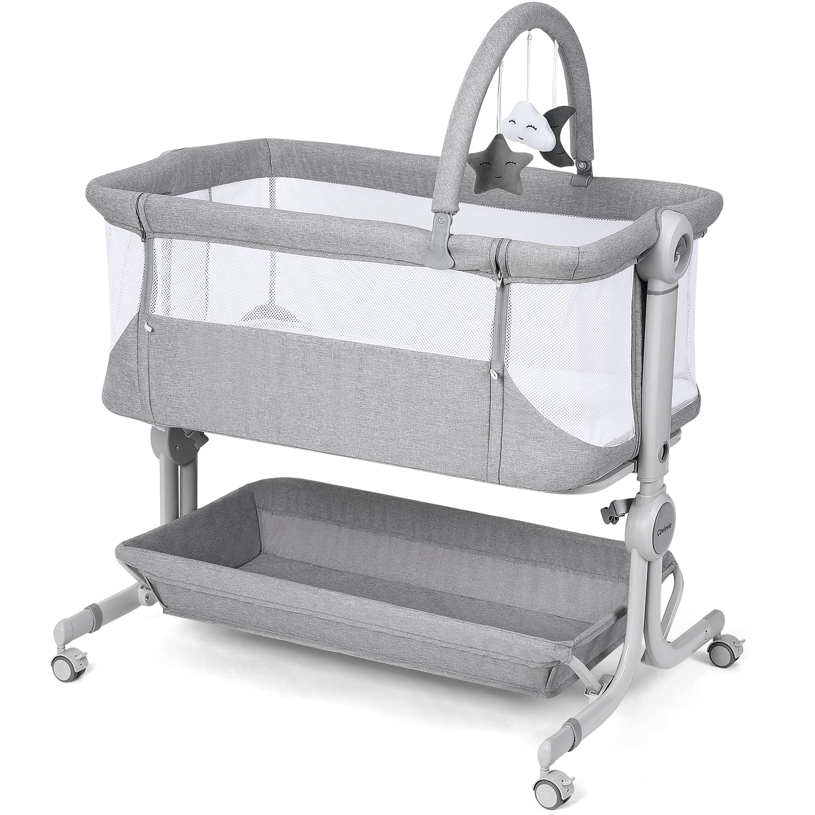 Baby Bassinet Bedside Sleeper with Storage Basket,Wheels & Hanging Toys