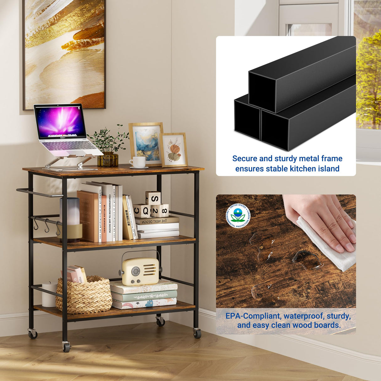 Kitchen Island on Wheels with 3 Shelves, Rolling Utility Trolley Cart